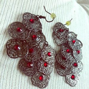 Dark Silver Dangle Earrings with Red Accents